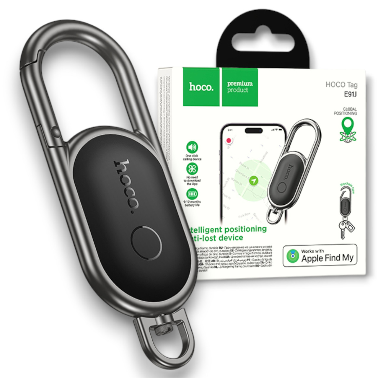 GPS трекер Hoco E91J Apple Find My Локатор для ключів сумки рюкзака валізи, смарт маячок для iPhone, блютуз GPS брелок, чорний, фото 1