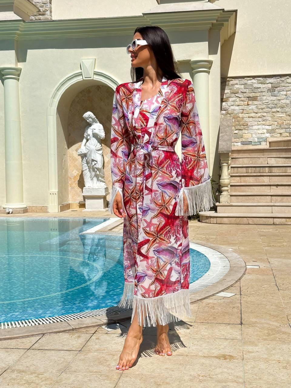 Жіноче парео з бахромою та принтом, фото 1