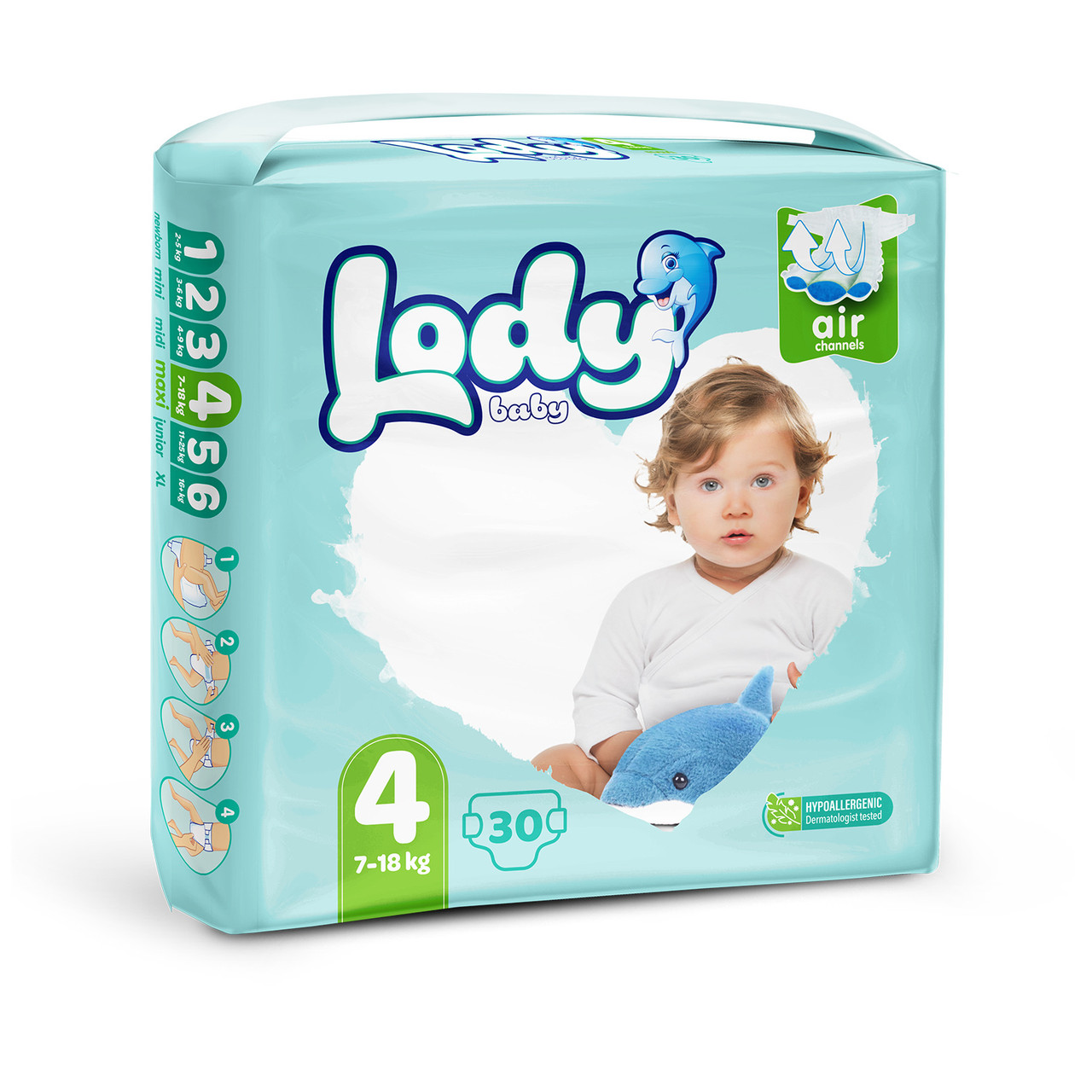 Підгузки дитячі Lody Baby Air maxi 4 (7-18 кг) 30 шт. дихаючі на липучках, фото 1