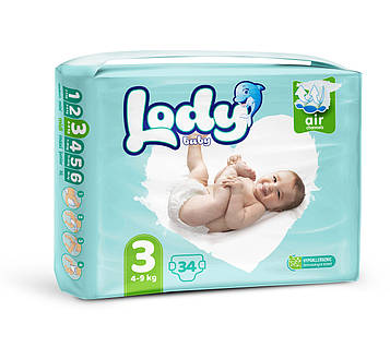 Підгузки дитячі Lody Baby Air midi 3 (4-9 кг) 34 шт. дихаючі натуральний склад