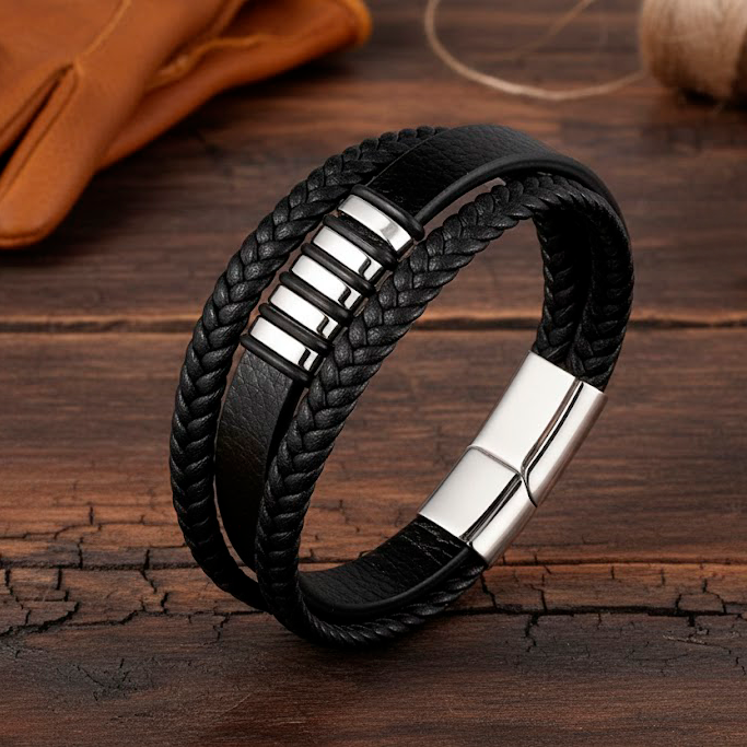 Браслет чоловічий шкіряний STYLO чорний 17-19 см (довжина 21 см), фото 1