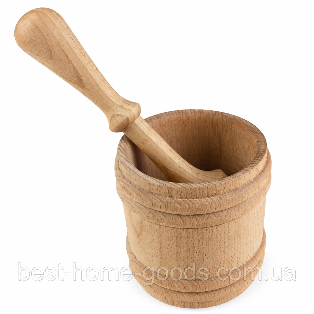 Ступка дерев’яна з товкачиком | бук | 9×10×8.5 см | довжина товкачика 16 см | кухонна ручна для спецій і трав, фото 1