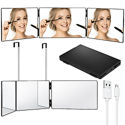 Дзеркало для стрижки з підсвіткою з 3 частин, USB, 19,5x93 см / Портативне підвісне дзеркало / Складне косметичне дзеркало