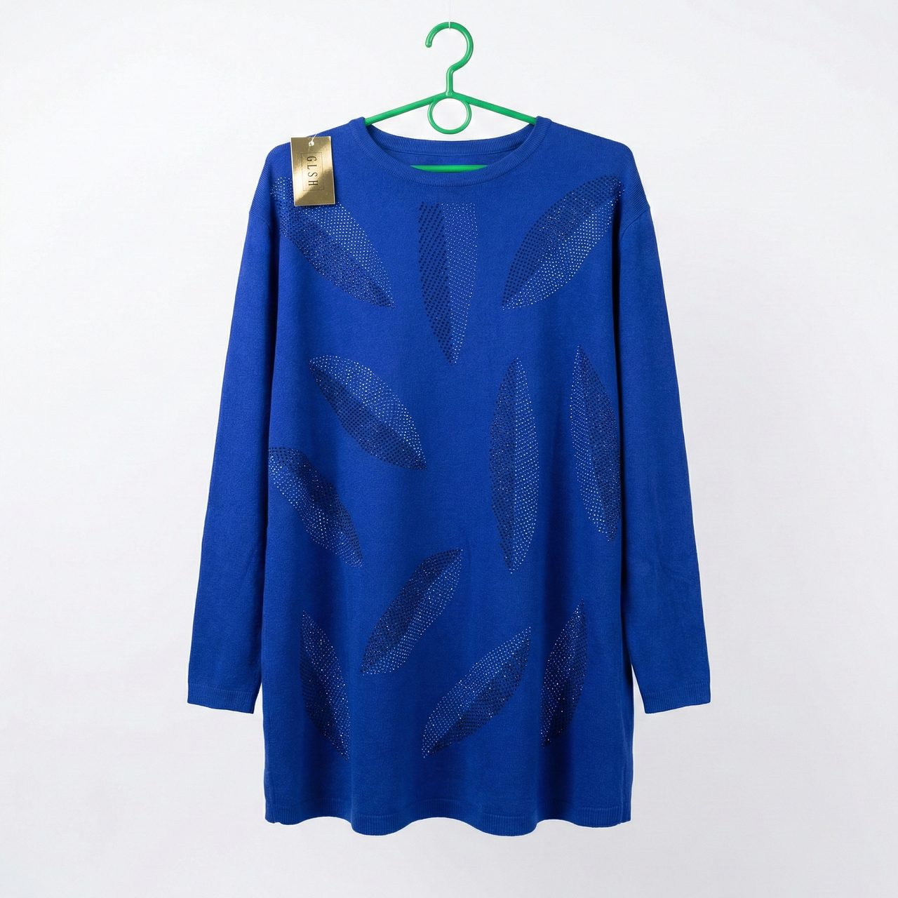 Туніка жіноча синя з камінням. Нарядний подовжений светр з візерунком "Листя", трикотаж, фото 1