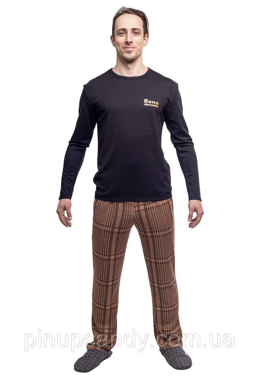 Піжама чоловіча лонгслів і штани Bono в клітинку чорний/кава (розміри: 48-58), фото 1