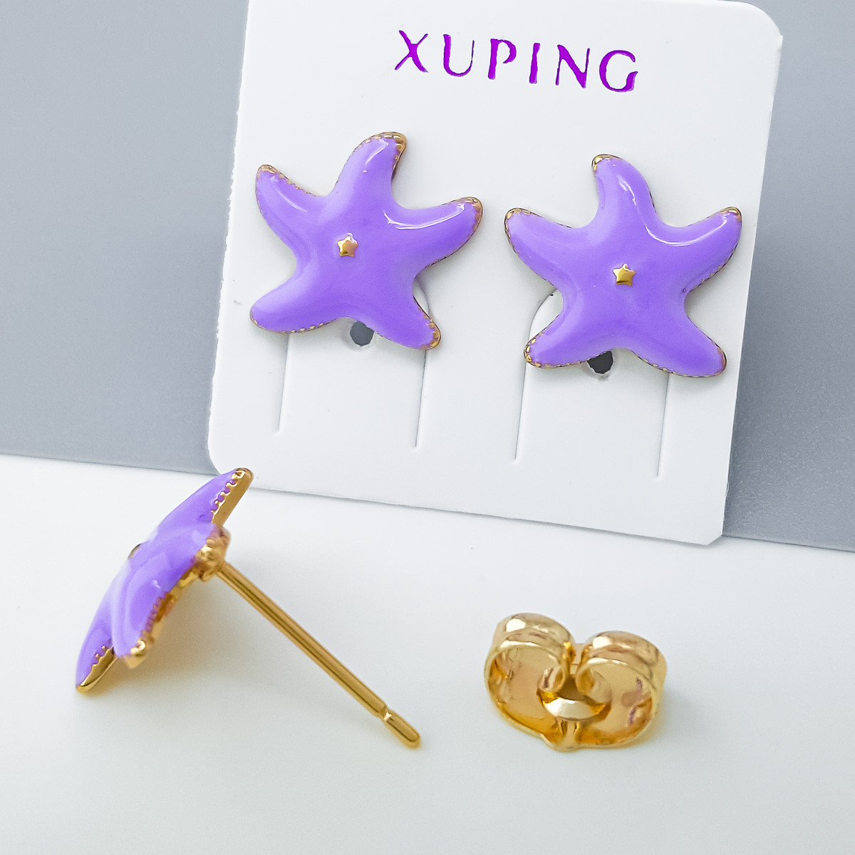 Сережки цвяшки, Морська Зірка з фіолетовою емалью, медсплав Xuping 18K, дитячі, фото 1
