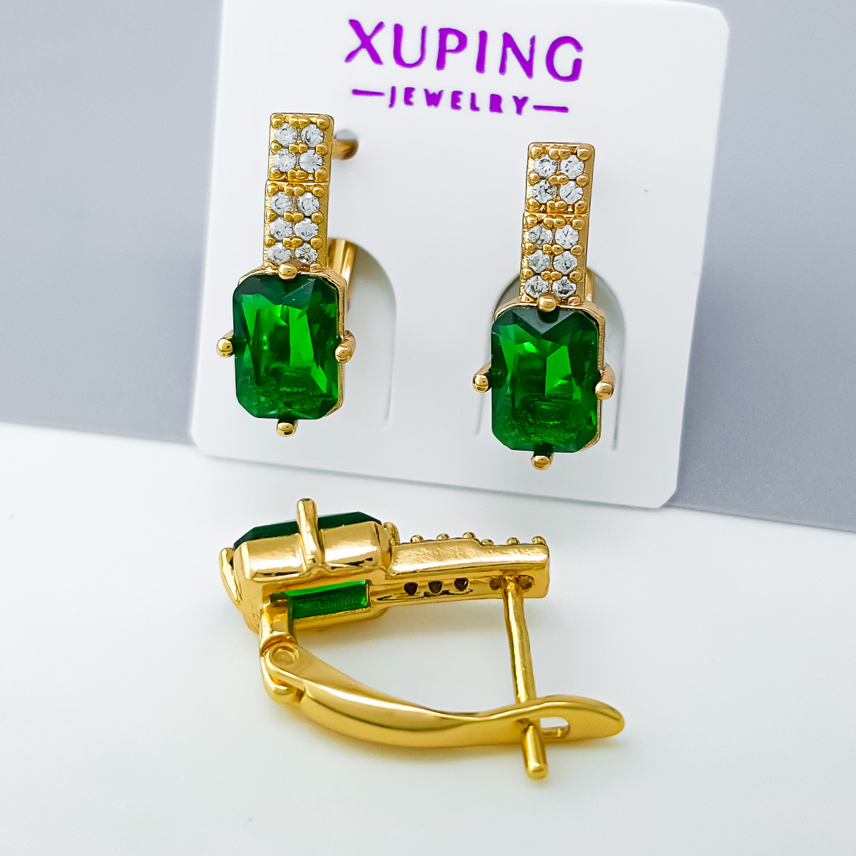 Сережки Класика із зеленим цирконієм, англ.замок, медсплав Xuping позолота 18K, фото 1