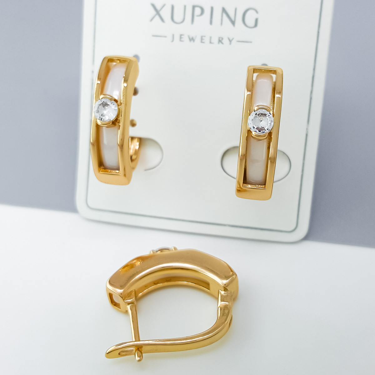 Сережки Доріжки з білою керамікою та цирконієм, англ.замок, stainless steel, Xuping 18K, фото 1