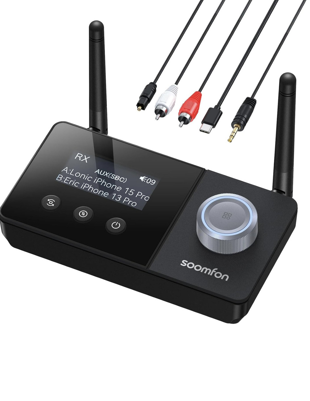 Bluetooth передавач для ТВ SOOMFON, Bluetooth 5.3, 3-в-1, подвійна антена, LCD, оптичний AUX RCA, фото 1