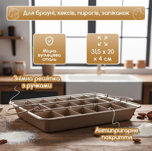 Форма для випічки пирогів, кексів та іншого 31,5 х 20 х 4 см з решіткою, фото 1