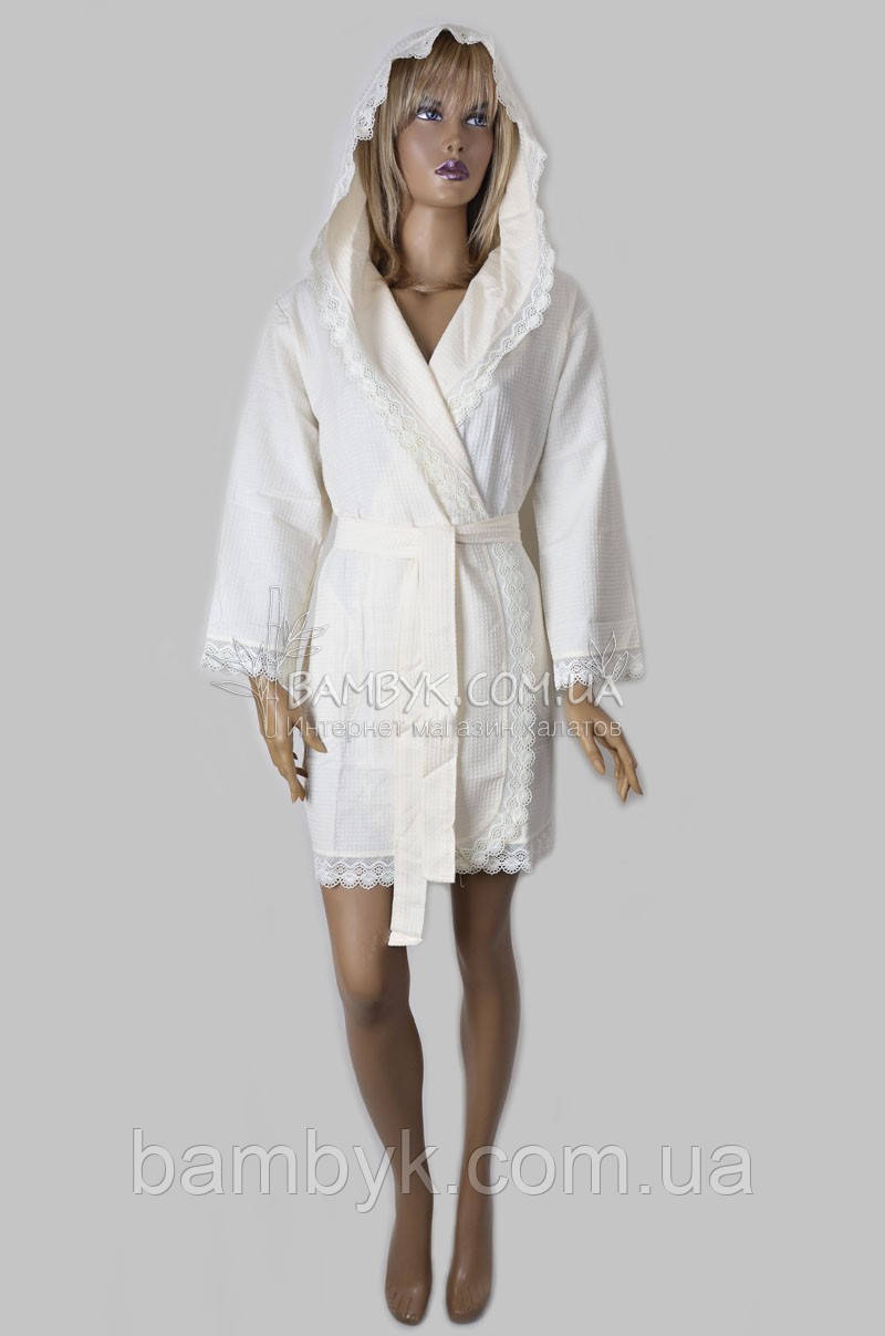 Короткий вафельний халат з мереживом Nusa (крем) No0213, фото 1