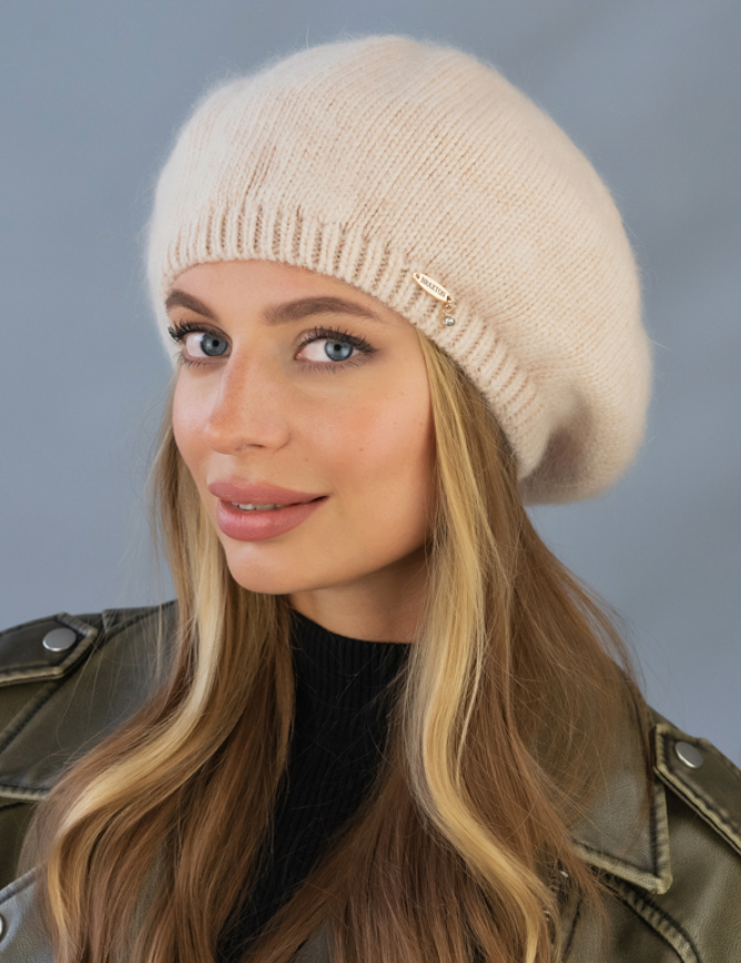 Берет ангора жіночий кремовий Рівка Красиві жіночі берети, фото 1