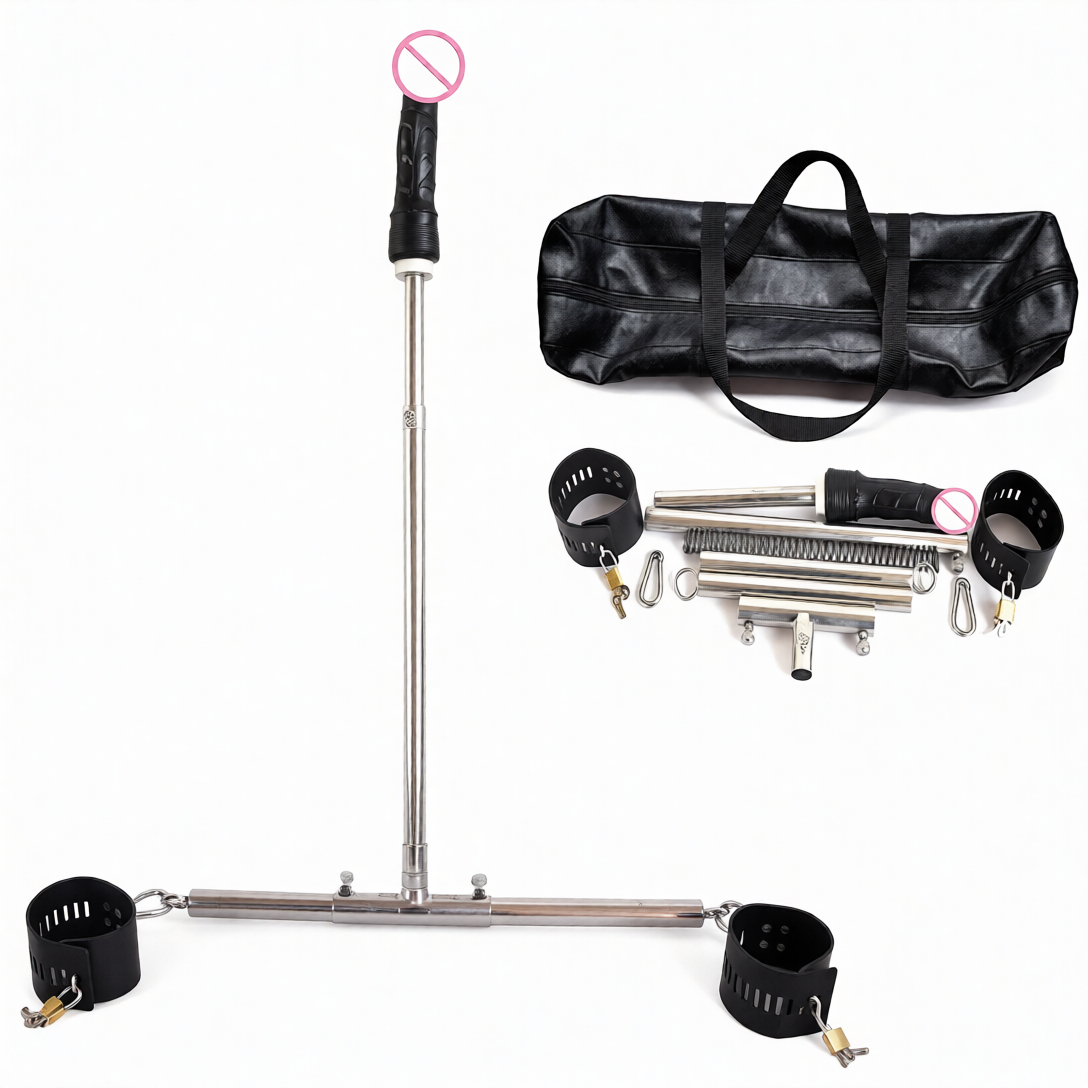 Сталева БДСМ розпірка-фіксатор для ніг зі шкіряними манжетами на кісточки та дилдо на пружині (регульована), фото 1