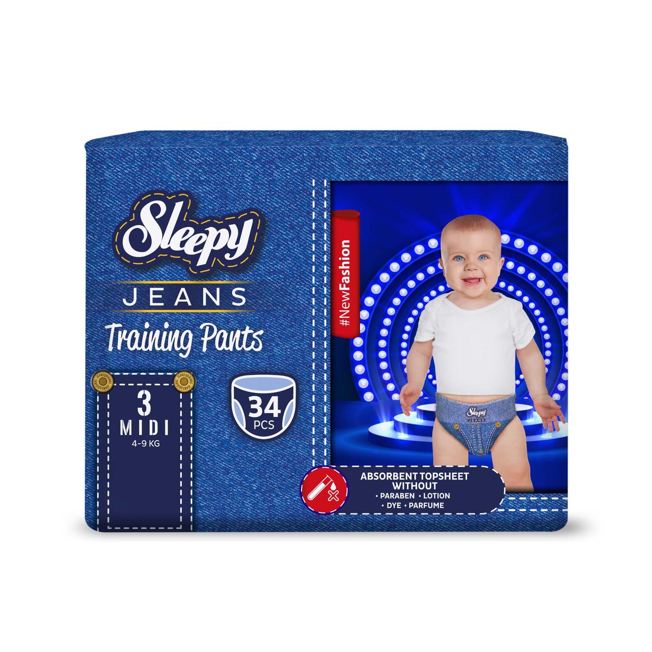 Підгузки-трусики дитячі Sleepy Jeans midi 3 (4-9 кг) 34 шт. джинсові памперси, фото 1