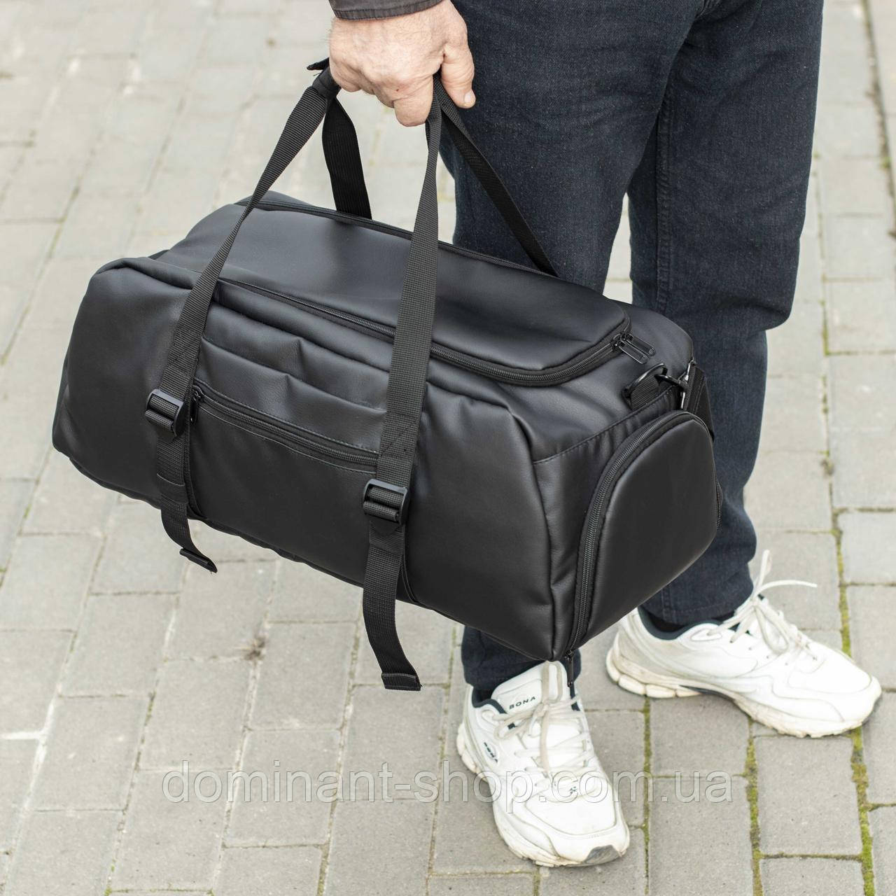 Спортивна сумка Team Black Eko чорна з екошкіри з відділенням для взуття на 27 літрів для тренувань та фітнесу, фото 1