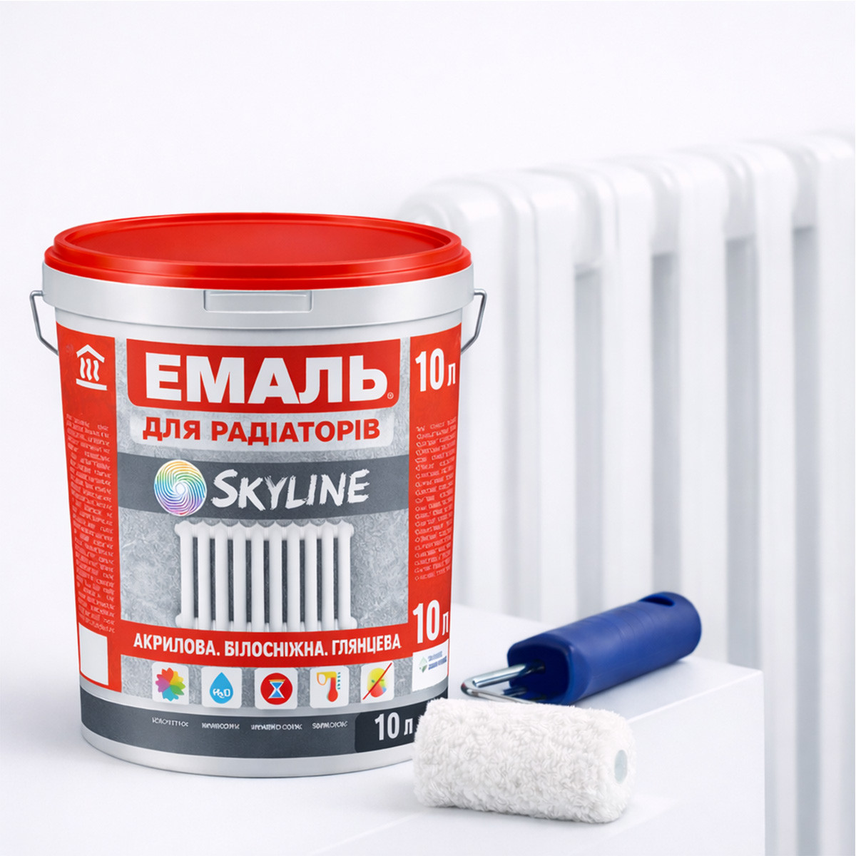 Акрилова емаль для радіаторів і труб опалення SkyLine, глянцева, термостійка, без запаху, біла, 10 л, фото 1