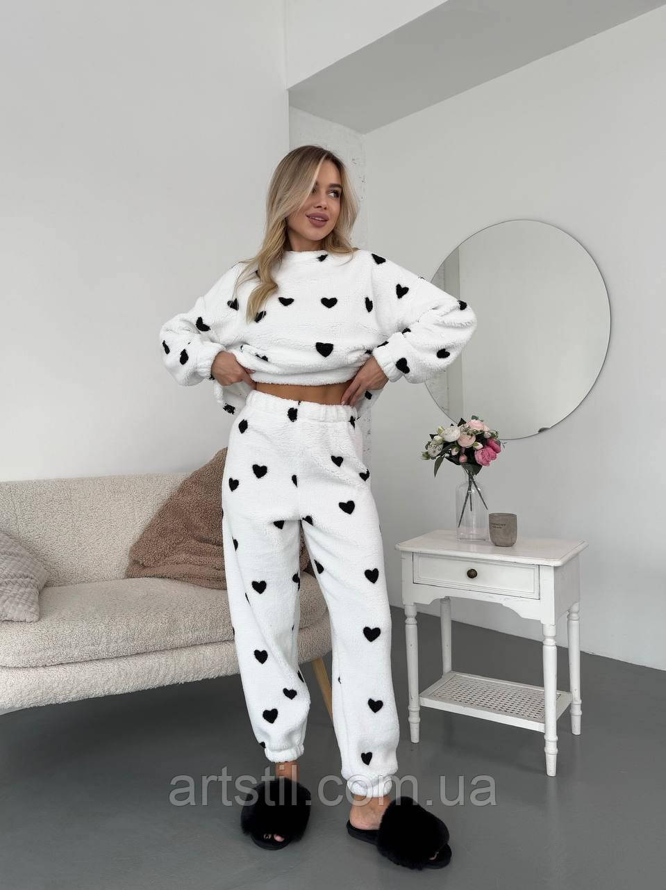 Жіноча тепла піжама Тедді "Біла хмаринка" з сердечками, фото 1