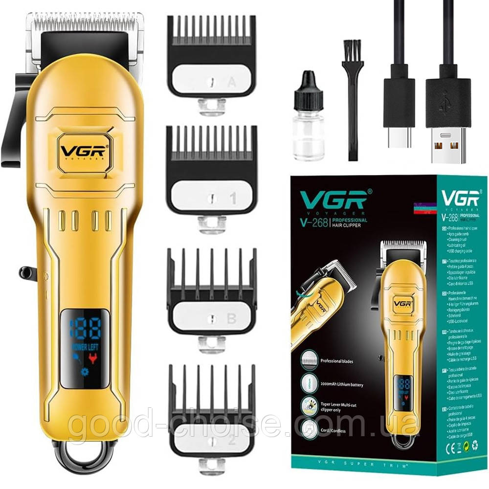Акумуляторна машинка для стрижки + 4 насадки, від USB, VGR V-268 / Бездротова машинка для стрижки волосся, фото 1
