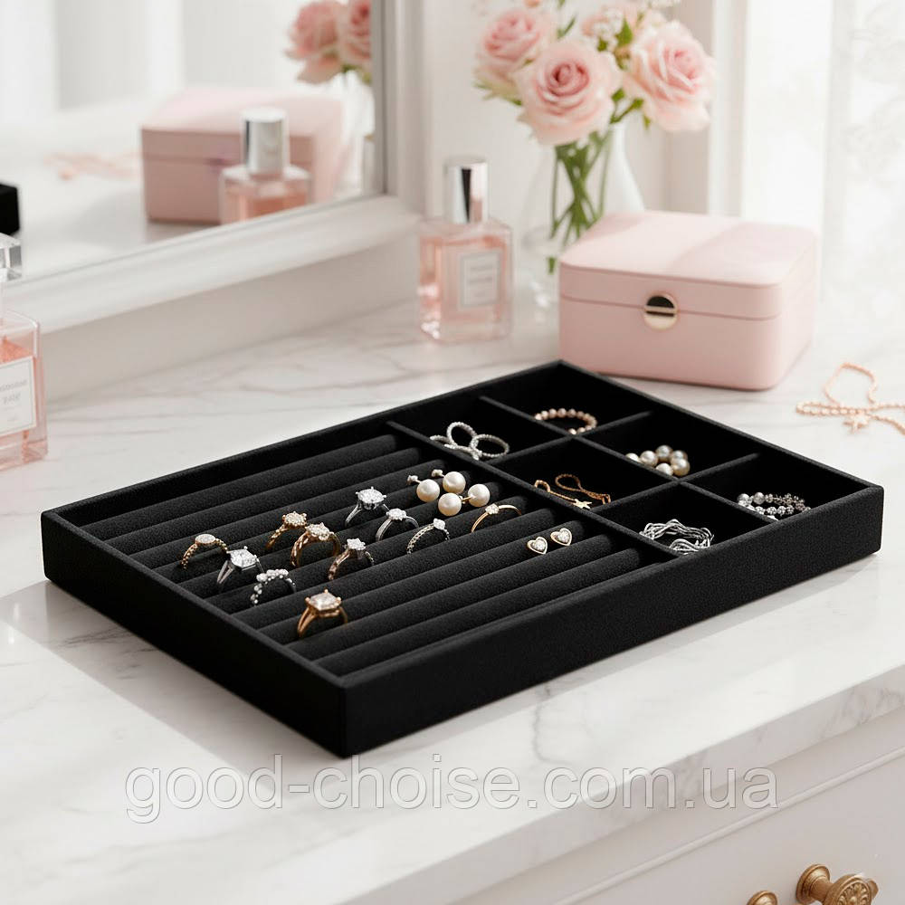 Оксамитовий органайзер двозонний 24*18*2,5 см / Підставка для каблучок / Лоток для біжутерії / Планшет ювелірний, фото 1