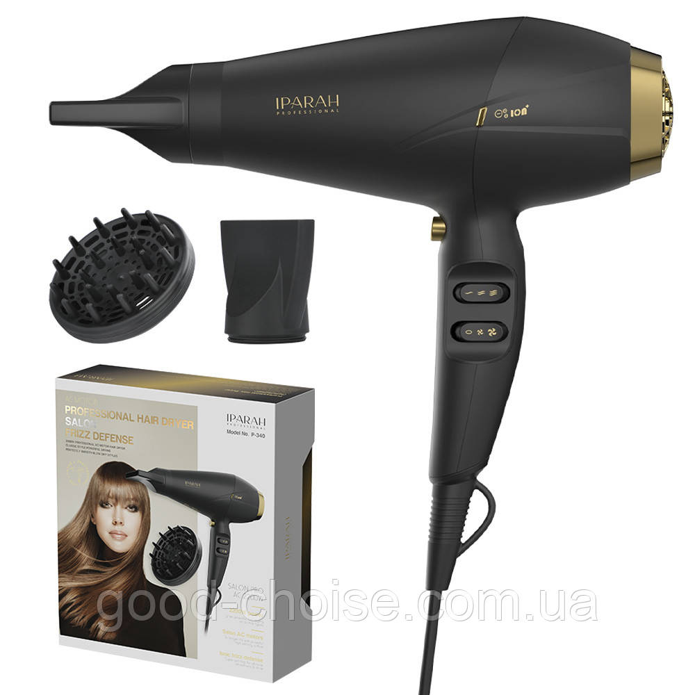 Фен для волосся 2400Вт + 2 насадки, 3 режими, Р-340 / Професійний фен для сушіння волосся / Фен з іонізацією, фото 1