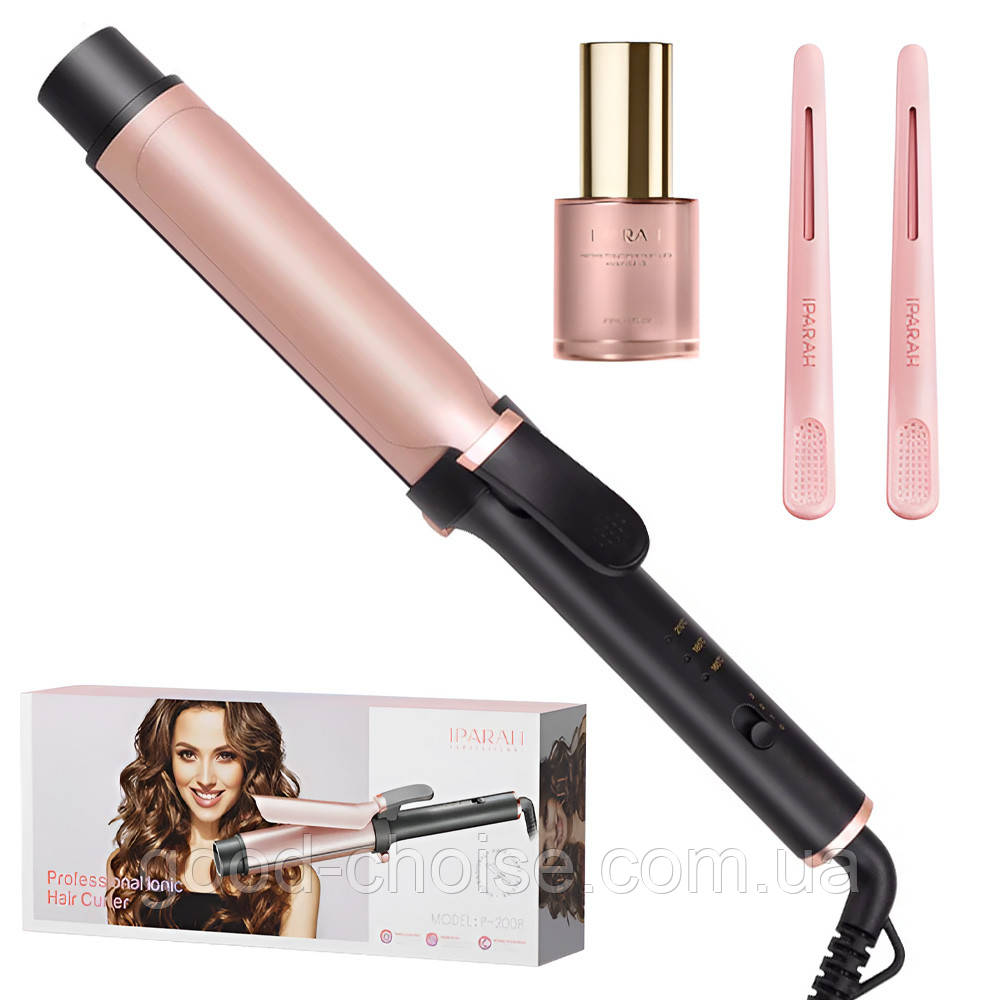 Плойка для завивки волосся + 2 зажими та олійка, 36мм, P-200R, Рожевий / Електрична плойка для локонів, фото 1