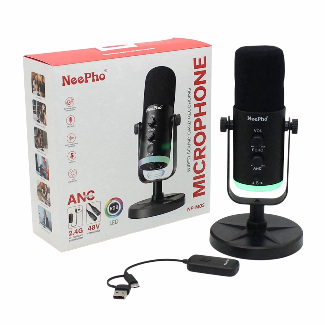 Бездротовий настільний мікрофон конденсаторний зі стійкою та підсвіткою для комп'ютера або смартфона USB Type C NeePho M03, фото 1