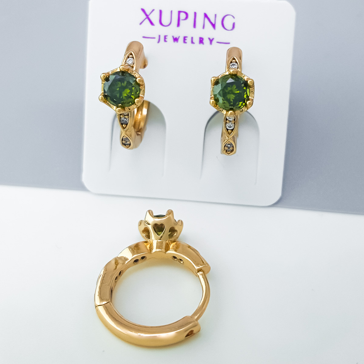 Сережки Сяйво з оливковим цирконом, медсплав Xuping позолота 18K, фото 1