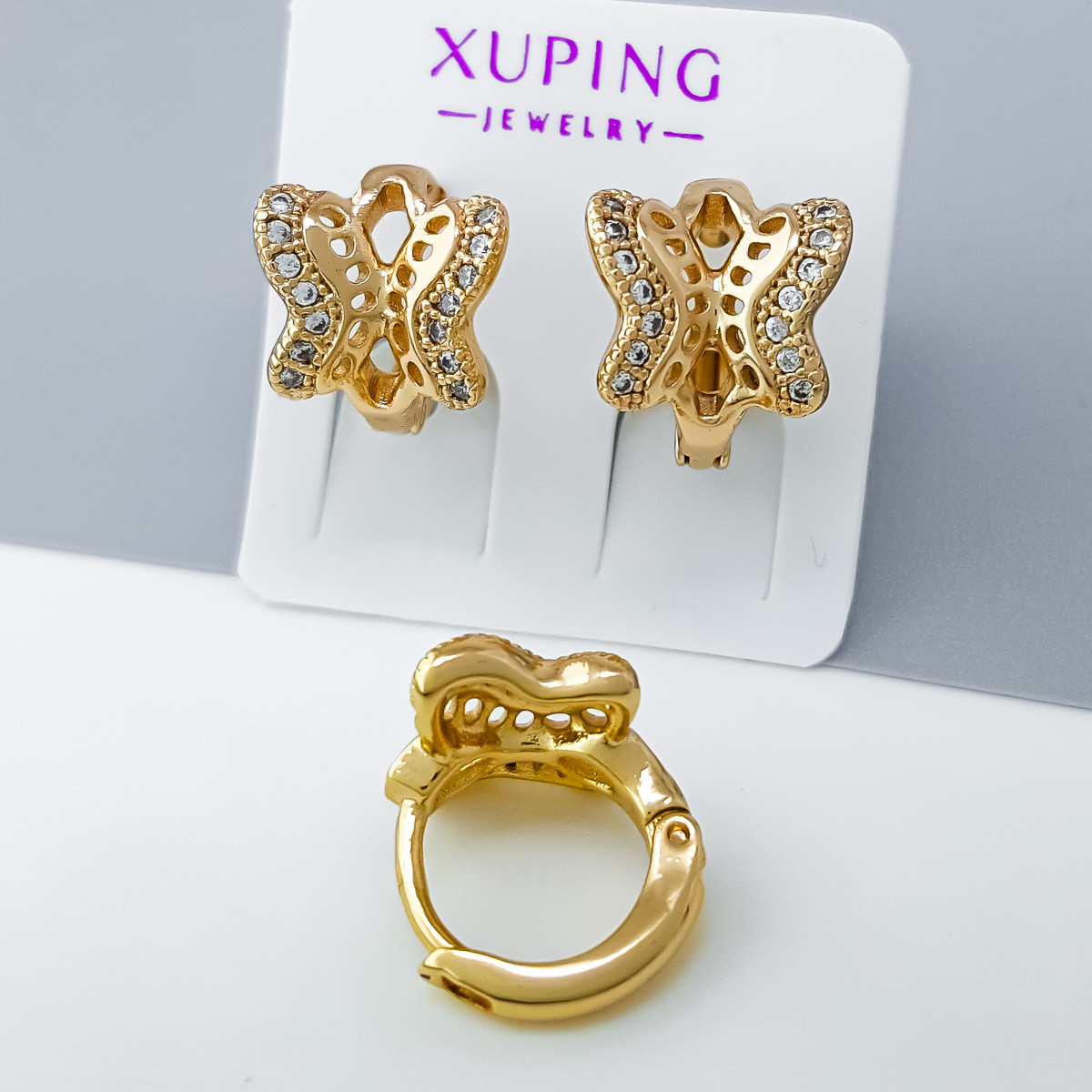 Сережки Ажурні Метелики з цирконієм, медсплав Xuping позолота 18K, фото 1