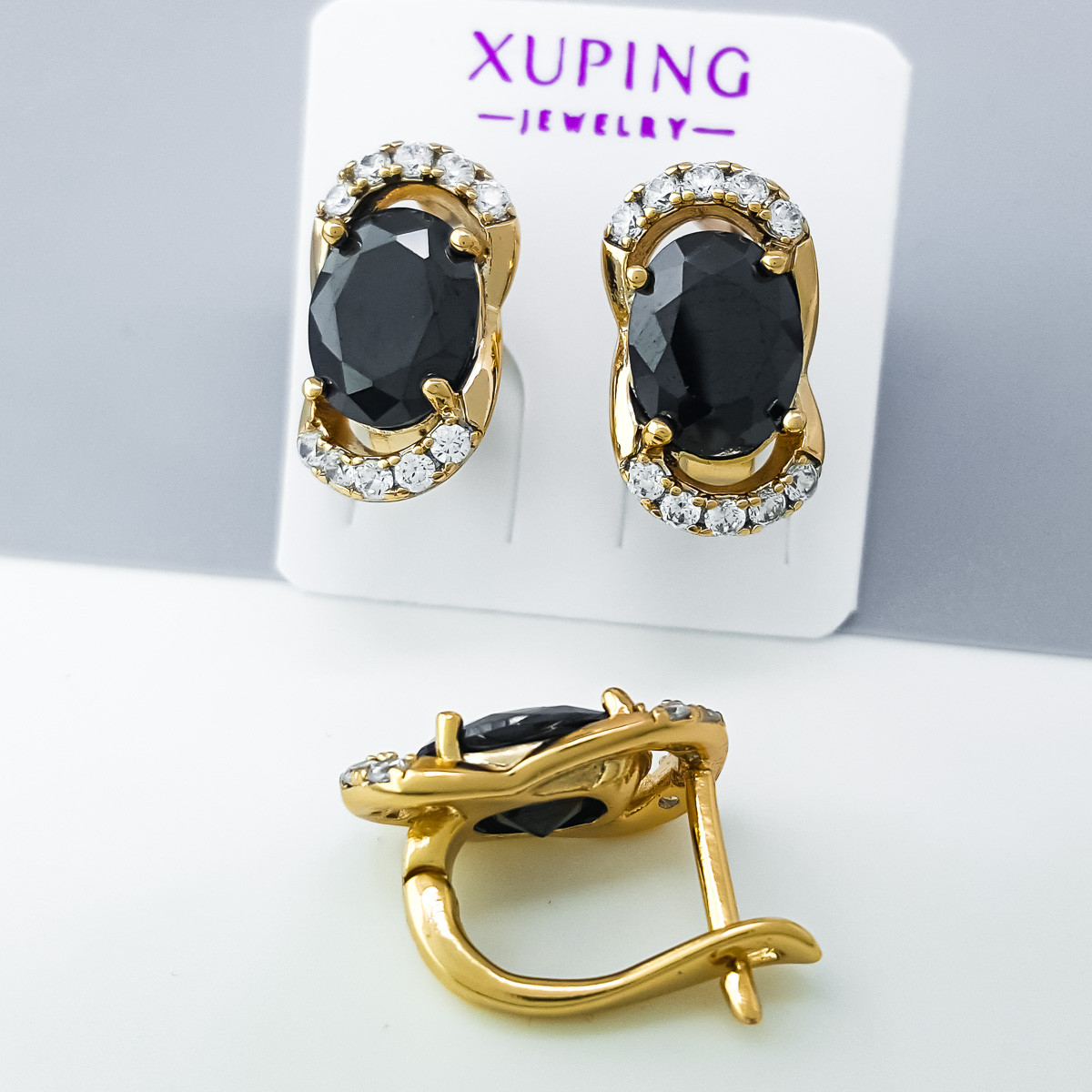 Сережки Чорні Овали, розсип цирконію, англ.замок, медзолото Xuping 18K, фото 1