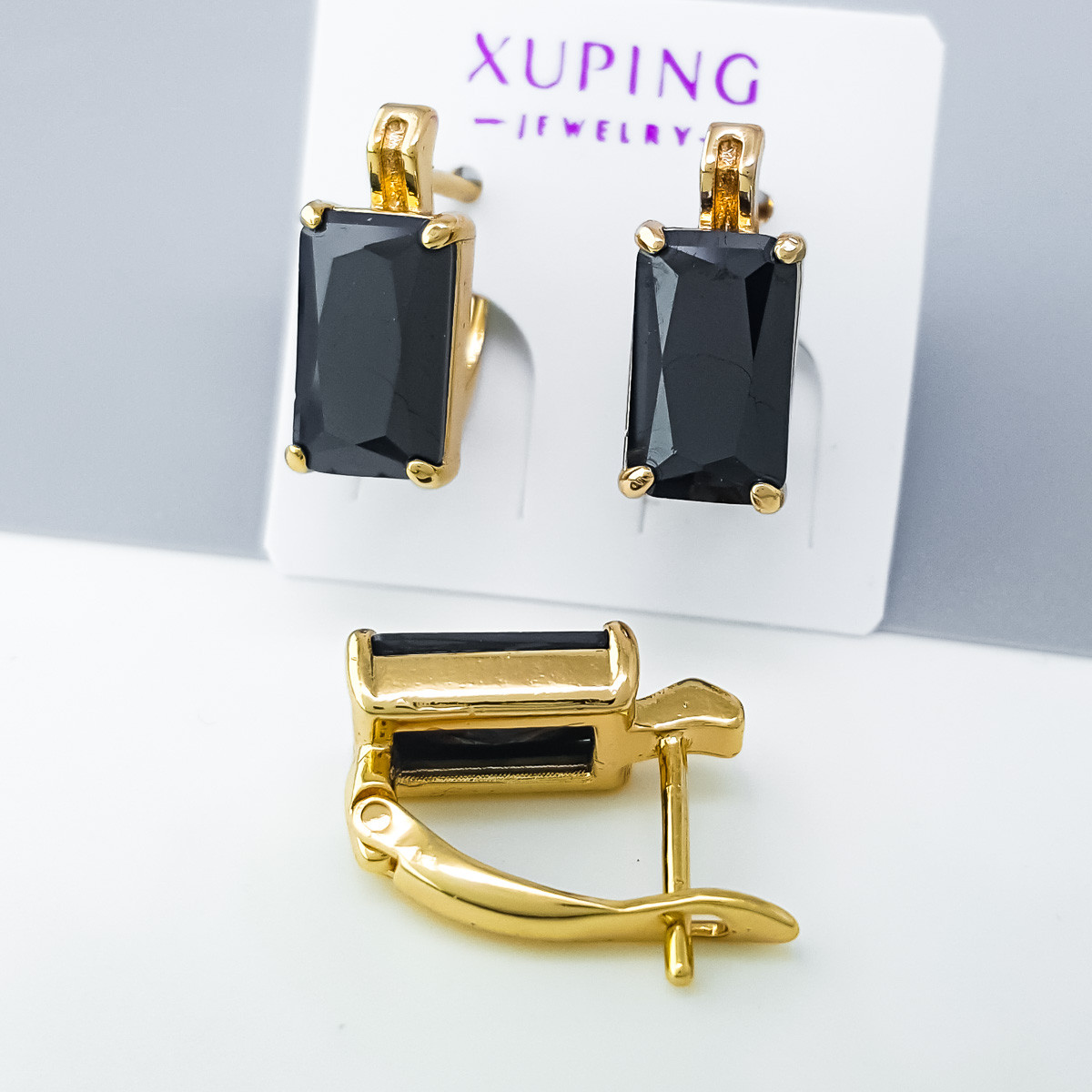 Сережки Класика з чорним цирконієм, англ.замок, медзолото Xuping 18K, фото 1