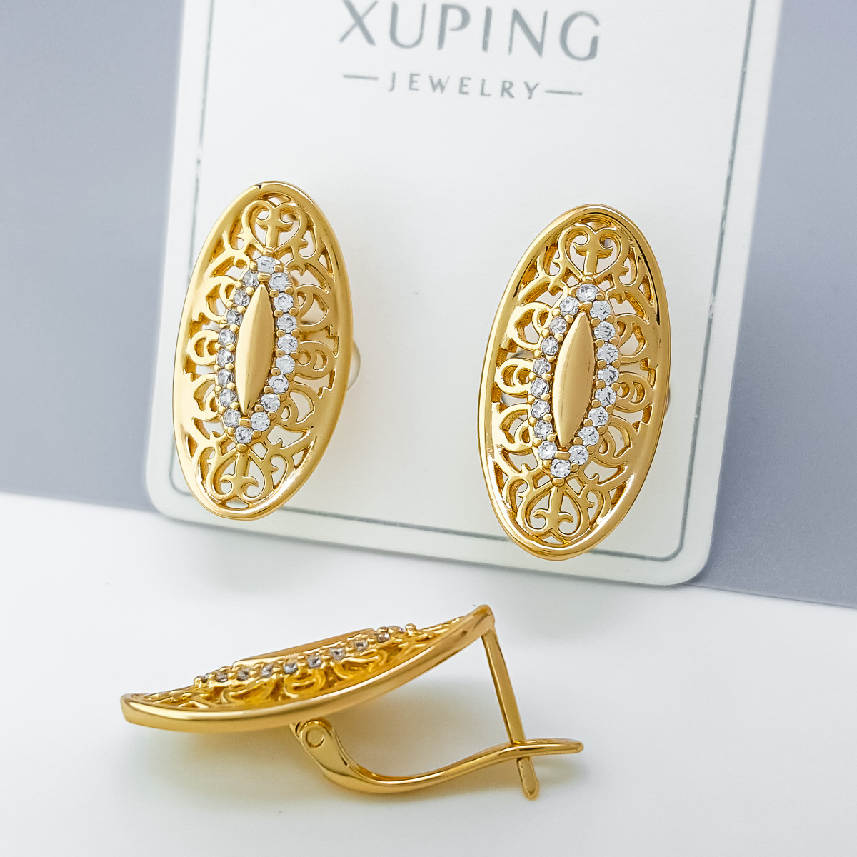 Сережки Ажурні з розсипом камінчиків, англ.замок, медзолото Xuping 18K, фото 1