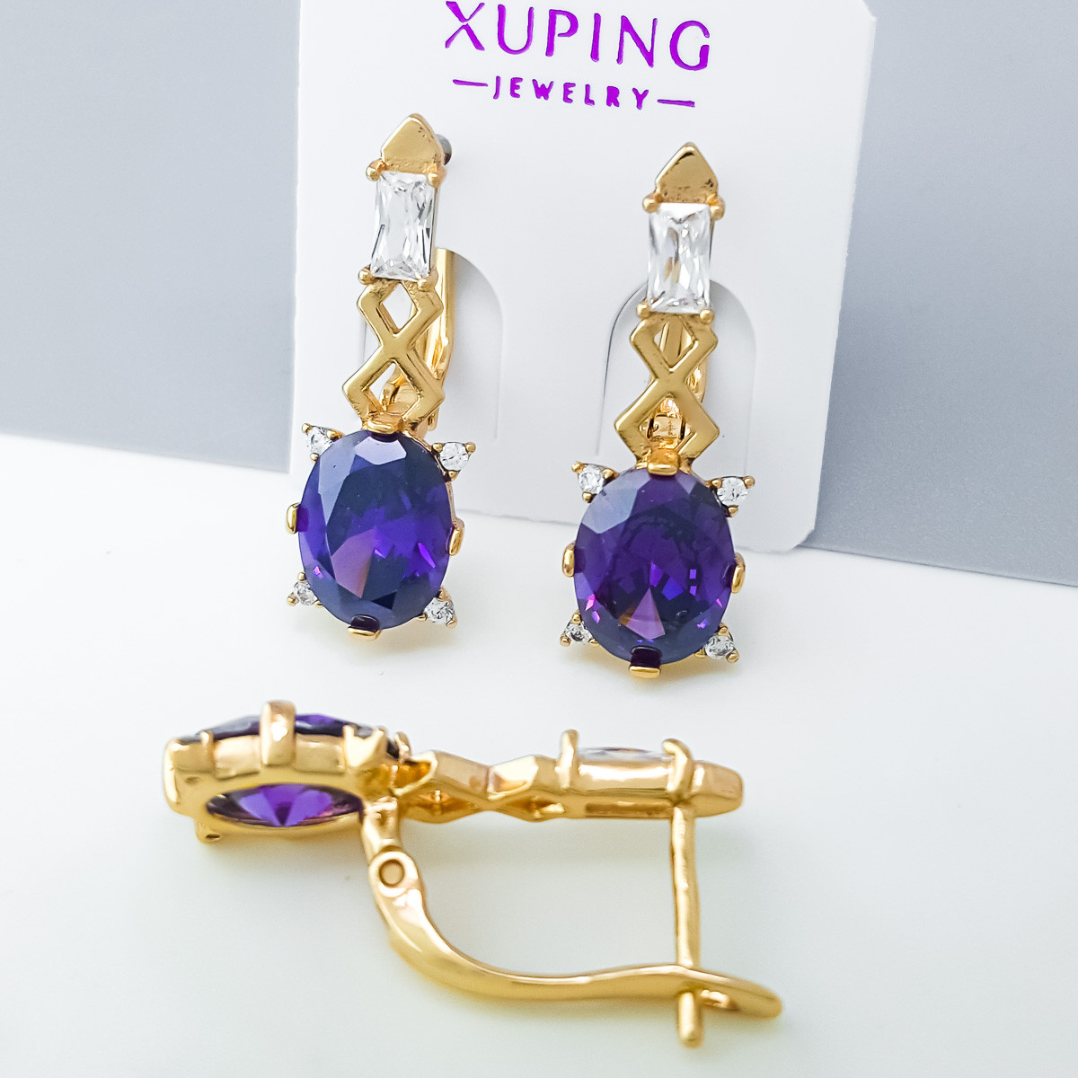 Сережки Грація з фіолетовим цирконом, англ.замок, медзолото Xuping 18K, фото 1