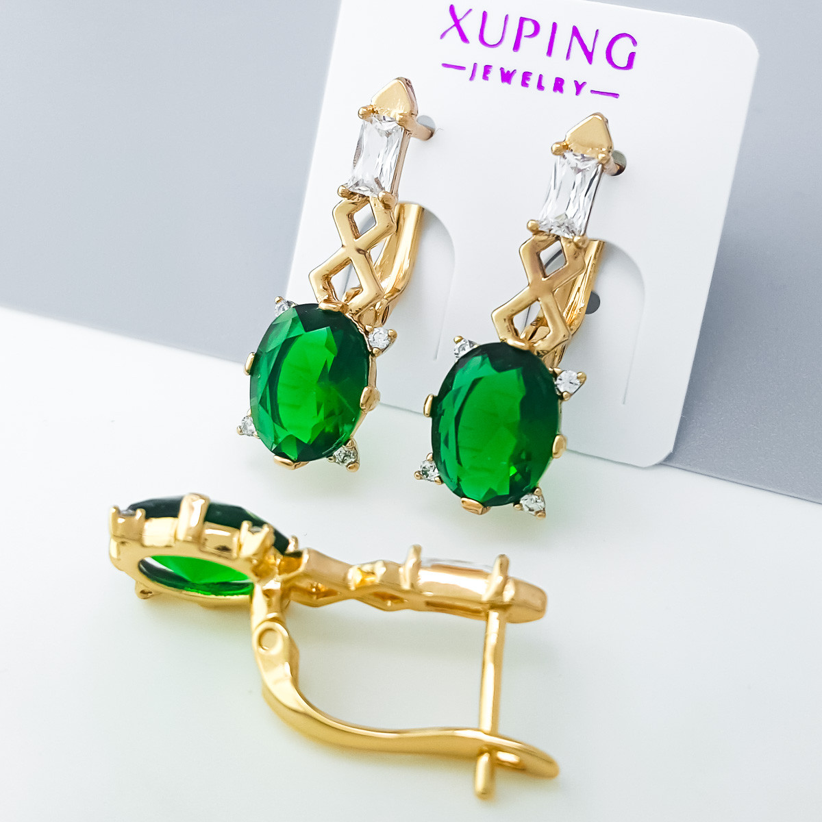 Сережки Грація зі смарагдовим цирконом, англ.замок, медзолото Xuping 18K, фото 1