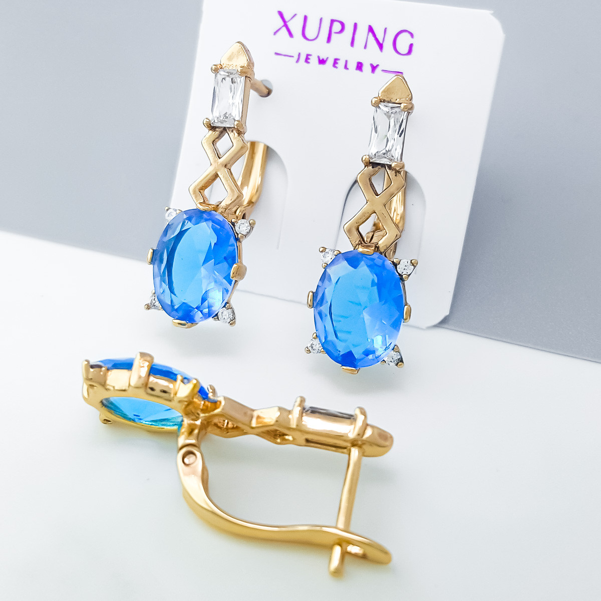 Сережки Грація з бірюзовим цирконом, англ.замок, медзолото Xuping 18K, фото 1