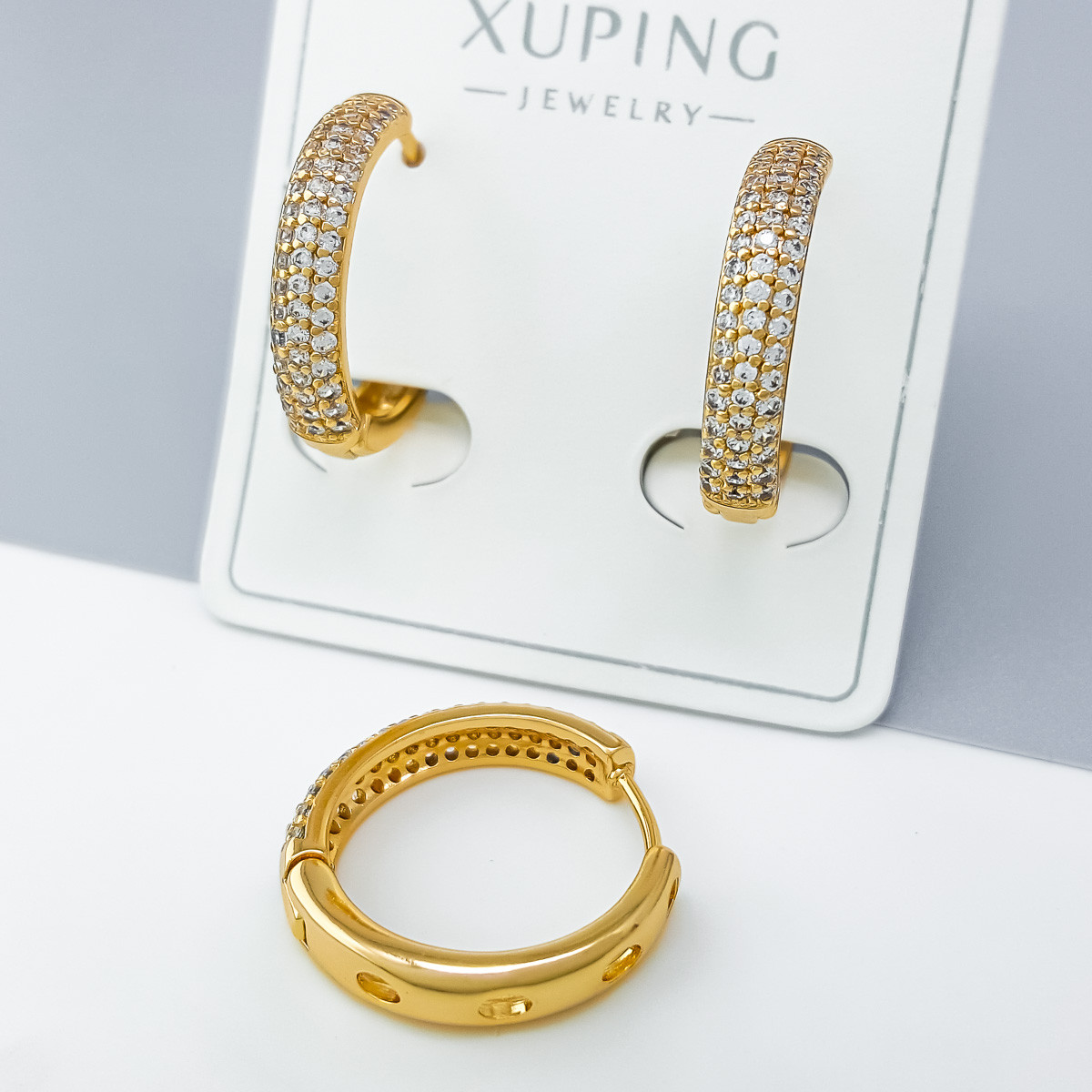 Сережки Три Доріжки, розсип цирконію, медзолото Xuping 18K, фото 1