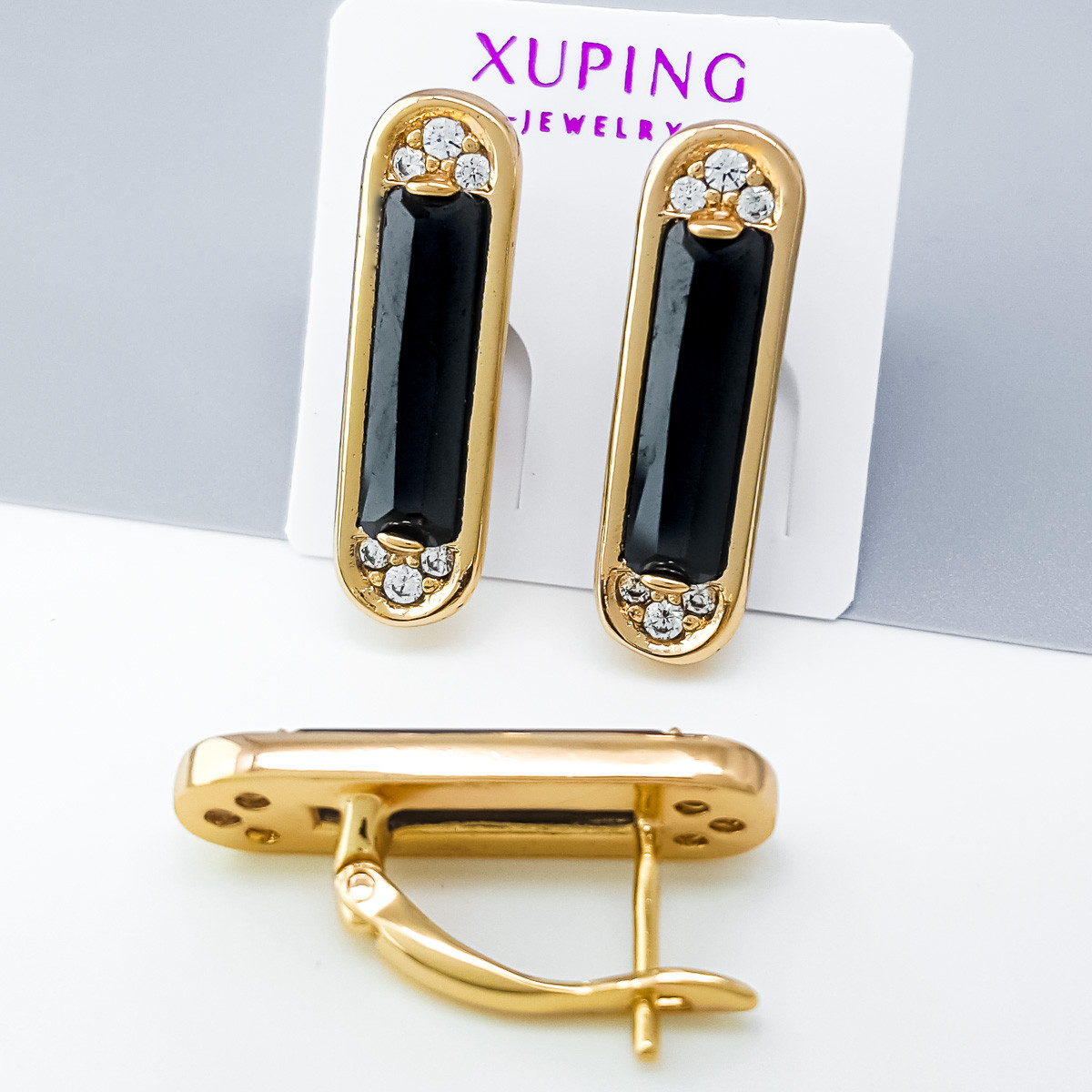 Сережки Циліндр з чорним камінцем, англ.замок, медзолото Xuping 18K, фото 1