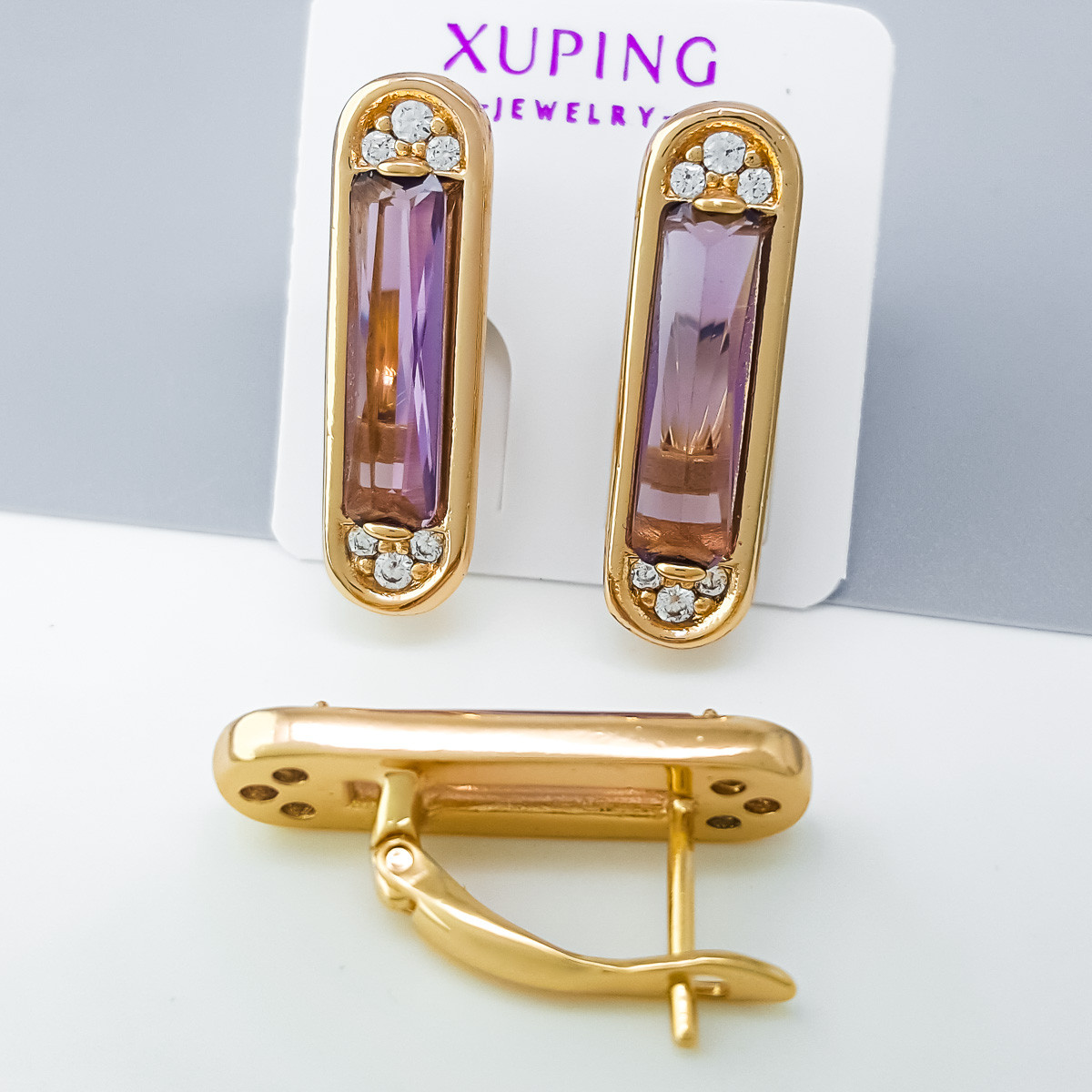Сережки Циліндр з фіолетовим камінцем, англ.замок, медзолото Xuping 18K, фото 1