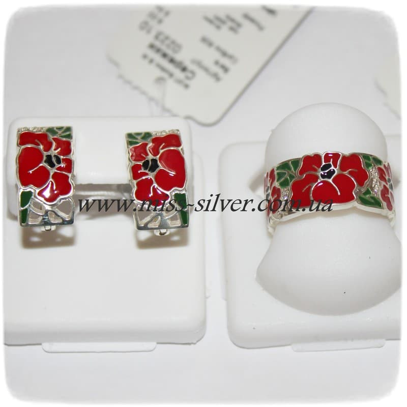 Красный Мак - комплект серьги + кольцо, фото 1