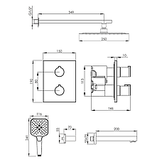 JUDIT система душова прихованого монтажу (термостат 3 функції, душ 250*250 мм ABS, лійка 3 режими, вилив, шланг 1500 мм PVC), хром, фото 2