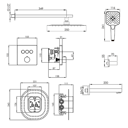 JUDIT Click система душова прихованого монтажу (термостат 3 функції, душ 250*250 мм ABS, лійка 3 режими, вилив, шланг 1500 мм, фото 2