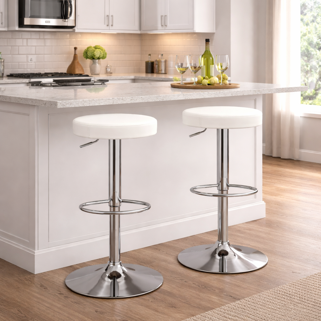 Комплект барних стільців Costway Loreto 2 шт з круглим м’яким сидінням регульовані по висоті обертові з підставкою для ніг білий