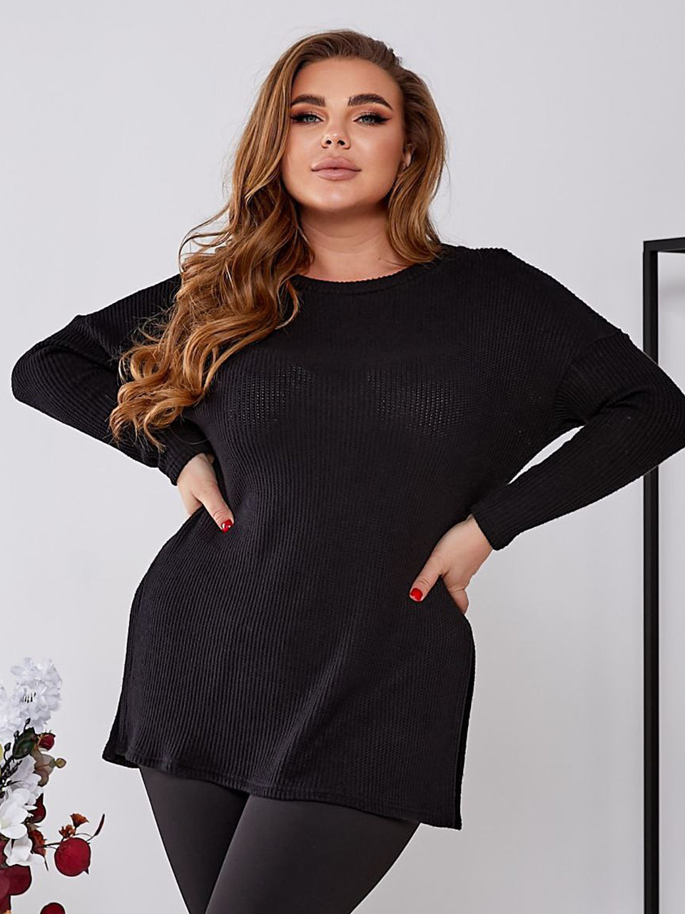 Тепла туніка жіноча батал трикотаж в'язка великі розміри 50-64 з розрізами чорна