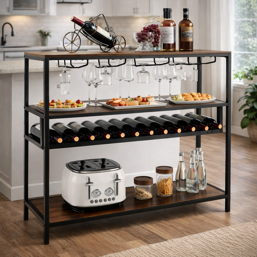 Фуршетний стіл Costway Alfred у стилі Loft з винною стійкою тримачами для келихів і полицями барний стіл для кухні та їдальні