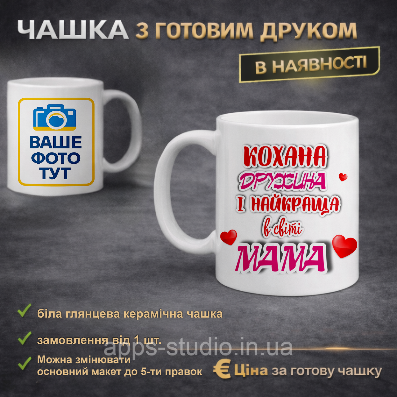 Чашка з готовим друком дружині та мамі