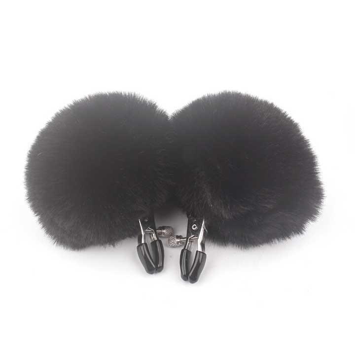 Затискачі для сосків із хутром "Pom Pom Nipple Clamps" - Чорний - Садо-мазо, фото 1