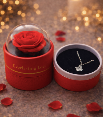 Подарунковий набір “Everlasting Love” — декоративна мильна троянда під куполом + кулон, червоний