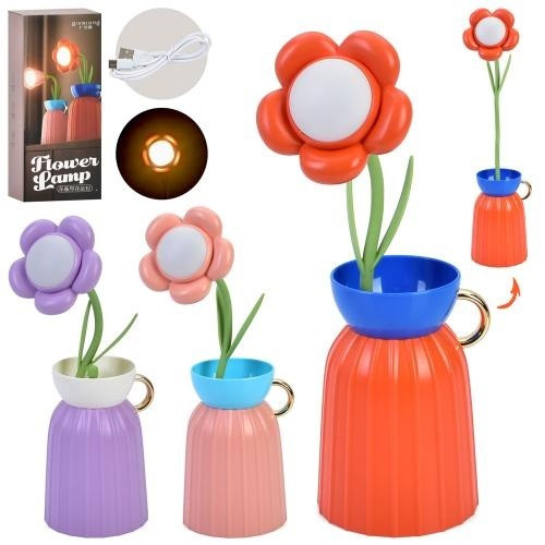 Нічник GL371 квітка у вазі 34см світло-3 режими акум гнучке стебло 3 кольори USBза