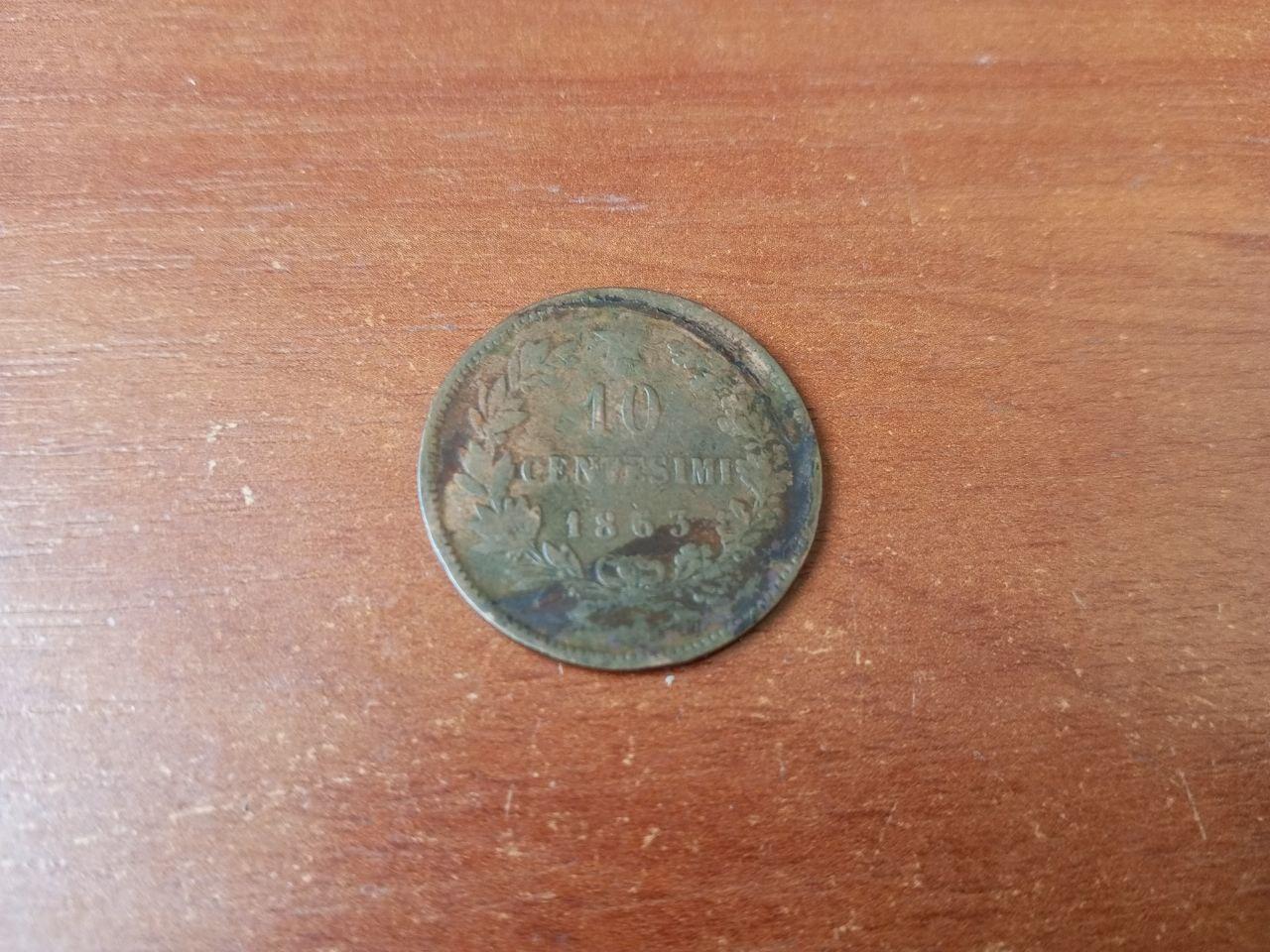 Віктор Еммануїл II. Монета 10 чентезимо. 1863 рік, Італія.