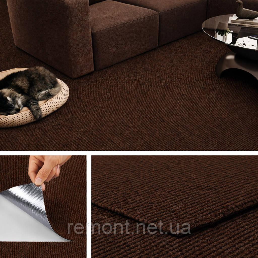 Самоклеючий теплий ковролін «Коричневий» 50×50 см для підлоги | Коврова вінілова плитка, миюча, водостійкаа, фото 1
