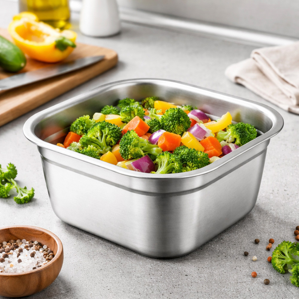 Миска з нержавіючої сталі (22см) / Кухонна миска для продуктів / Квадратна ємність на кухню, фото 1